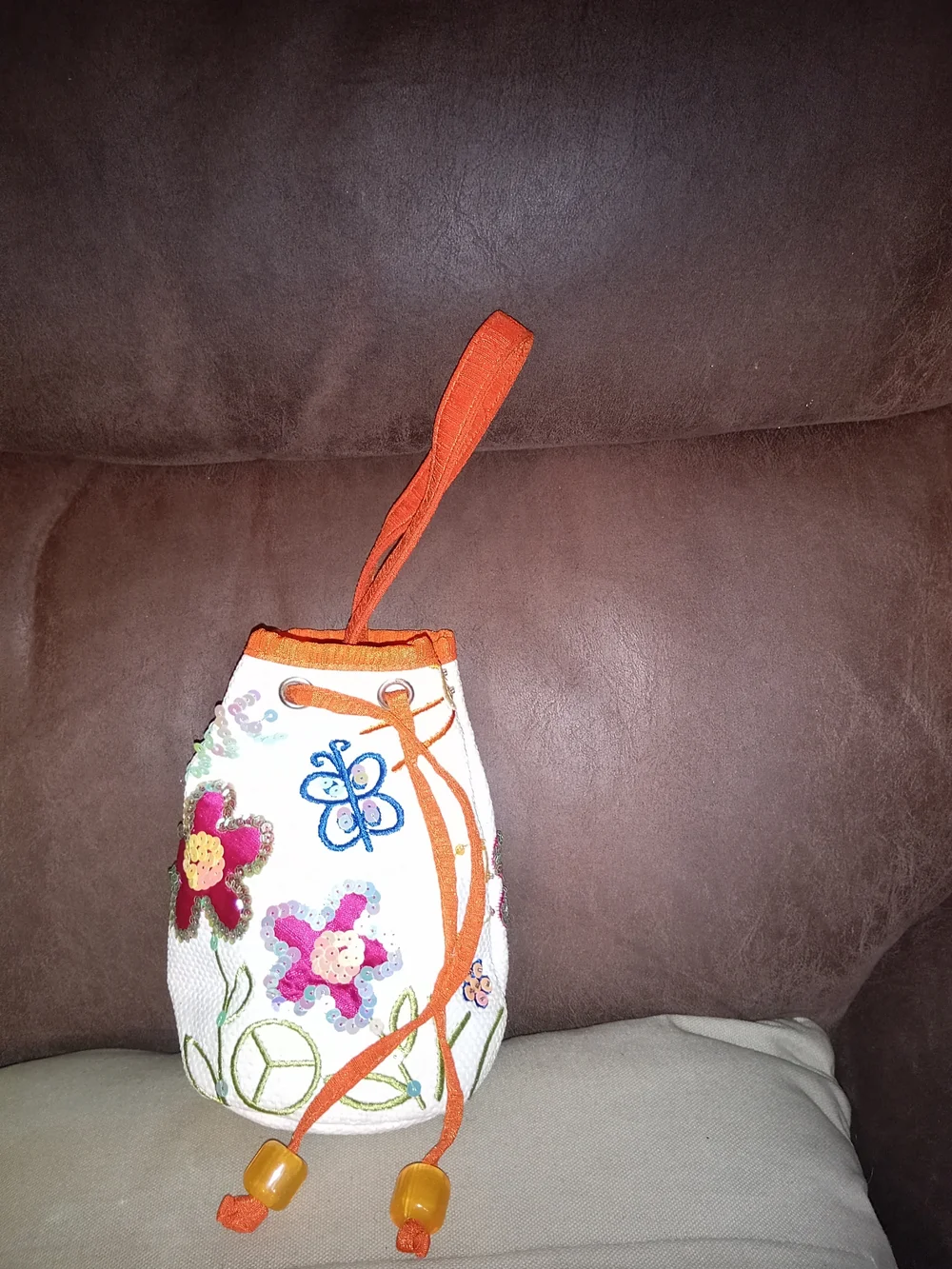 Vintage Embroidered Floral Drawstring Wristlet - White & Orange